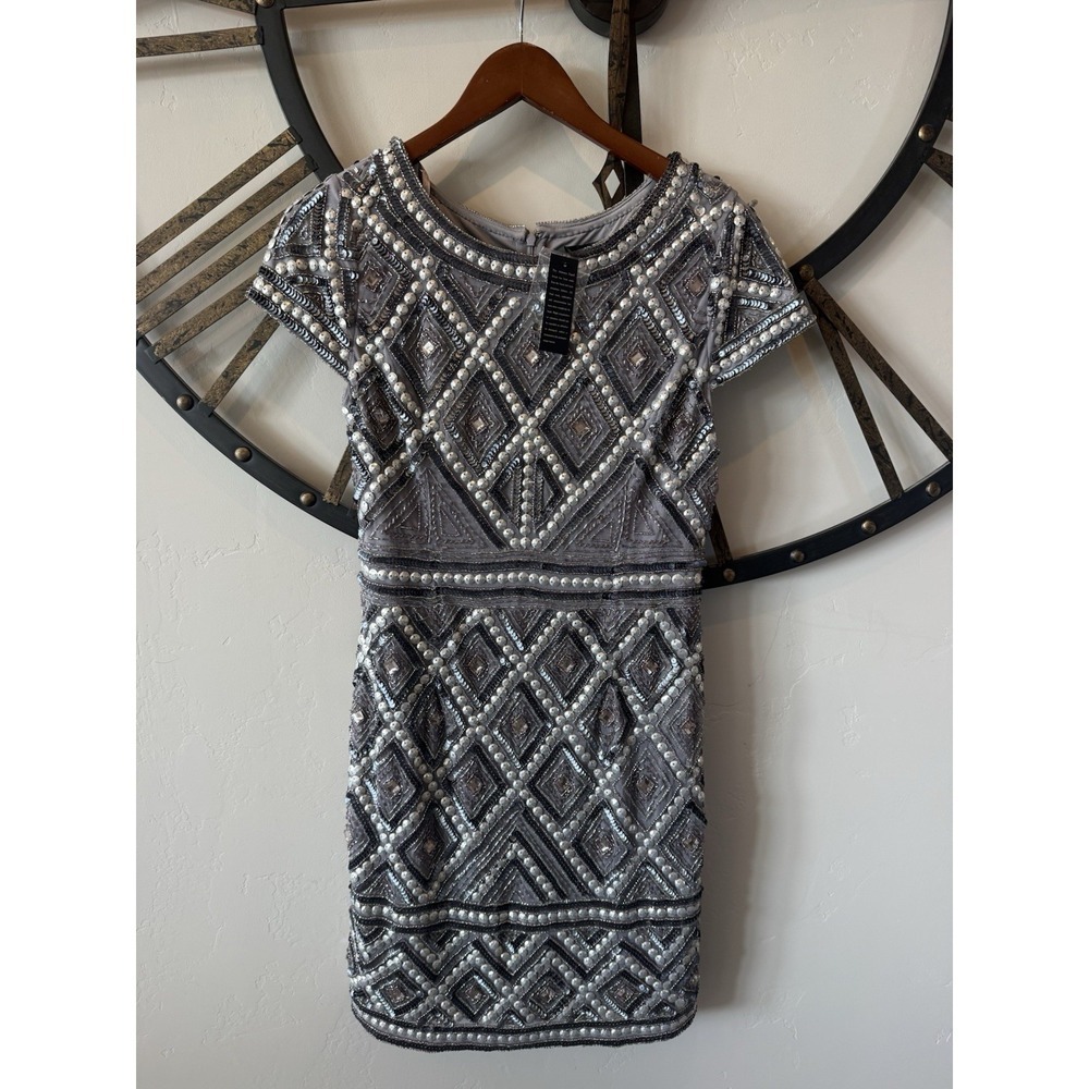Adrianna Papell Gray Silver Beaded Sequin Sheath Dress 10P Short Sleeve dress - Picture 2 of 7
